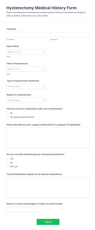 Hysterectomy Medical History Form Template