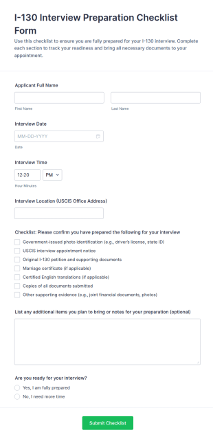 I 130 Interview Preparation Checklist Form Template