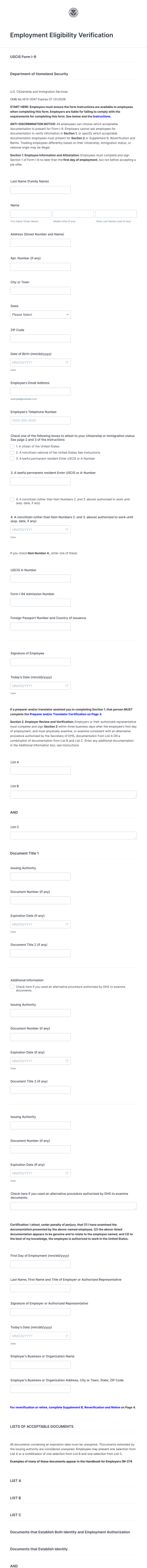 Form I 9 Employment Eligibility Verification Form Template