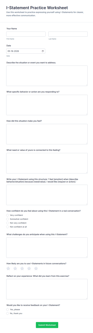 I Statement Practice Worksheet Form Template