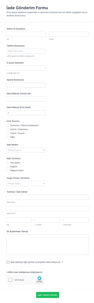 İade Gönderim Form Şablonu