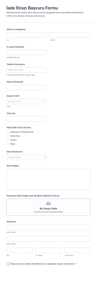 İade Talebi Başvuru Form Şablonu