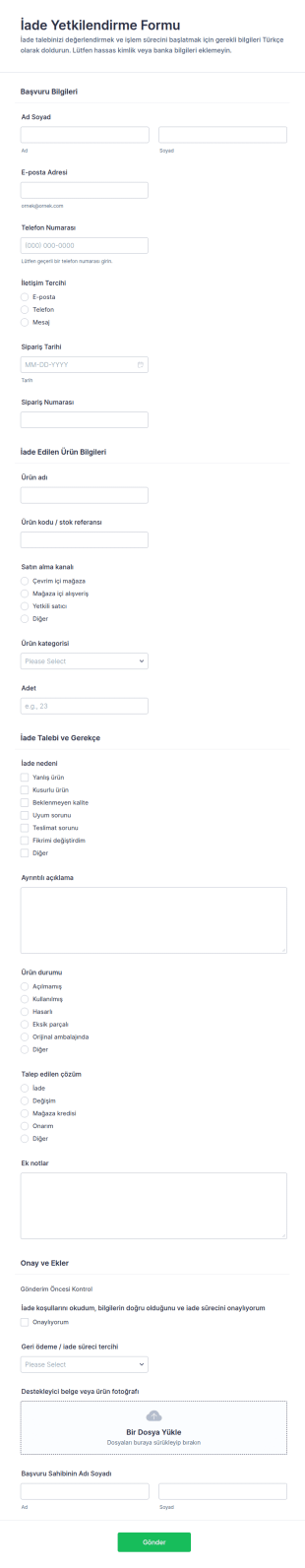 İade Yetkilendirme Form Şablonu