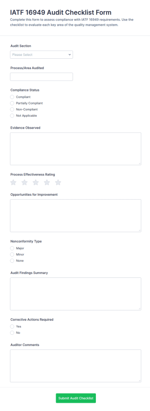 IATF 16949 Audit Checklist Form Template