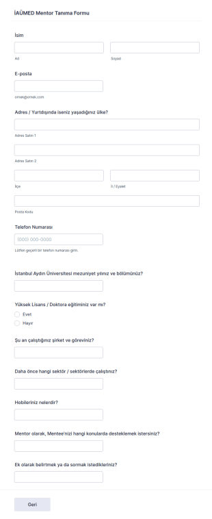 İAÜMED Mentor Tanıma Form Şablonu