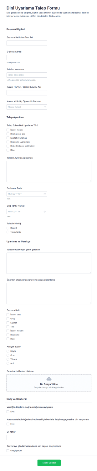 İbadet Ve Dini İhtiyaçlar İçin Uygunluk Talep Form Şablonu