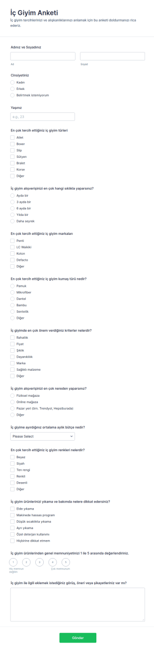 İç Giyim Anketi Form Şablonu