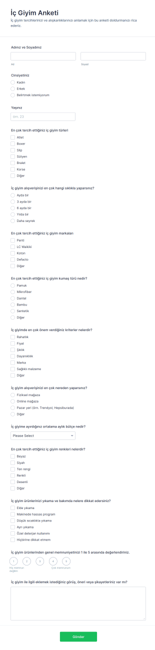 İç Giyim Anketi Form Şablonu