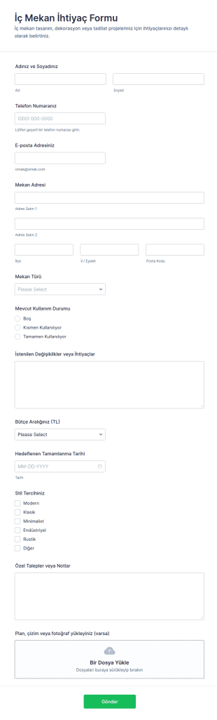 İç Mekan İhtiyaç Form Şablonu