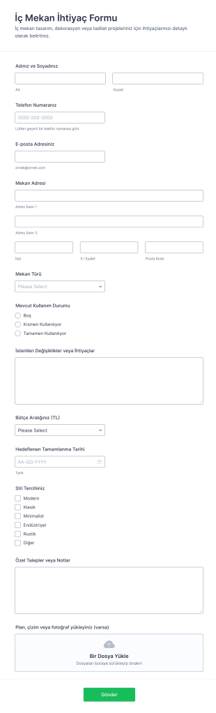 İç Mekan İhtiyaç Form Şablonu