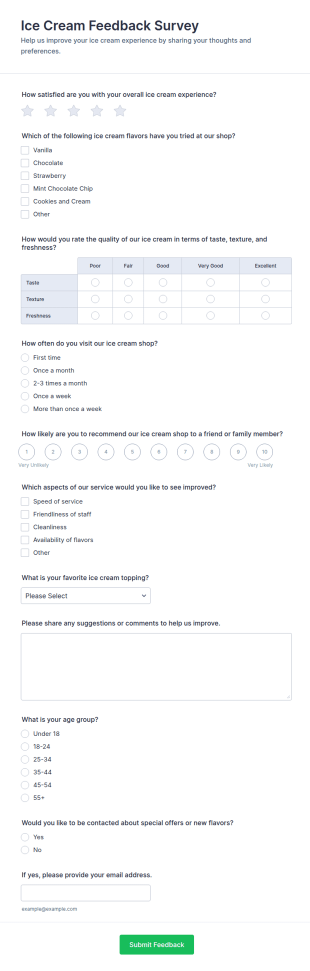 Ice Cream Feedback Survey Form Template