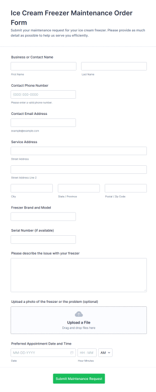 Ice Cream Freezer Maintenance Order Form Template