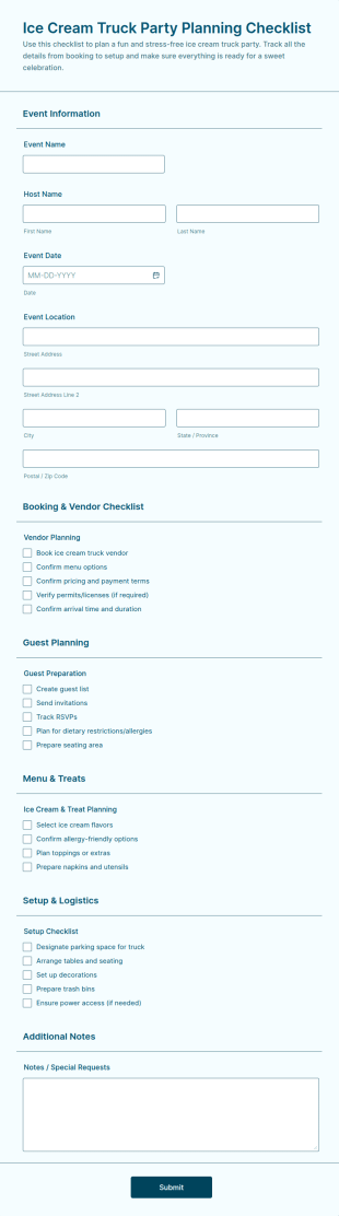 Ice Cream Truck Party Planning Checklist Form Template