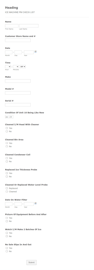 Ice Machine PM Check List Form Template