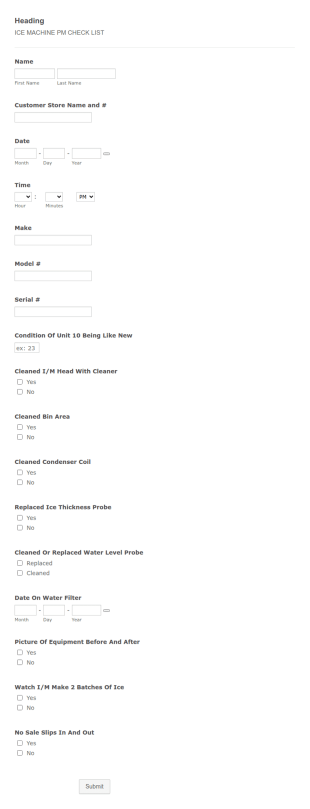 Ice Machine PM Check List Form Template