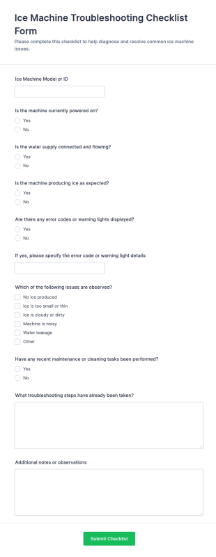 Ice Machine Troubleshooting Checklist Form Template