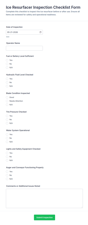 Ice Resurfacer Inspection Checklist Form Template