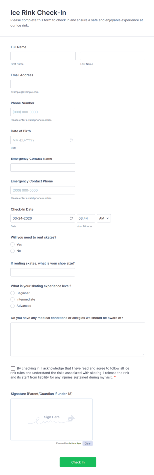 Ice Rink Check In Form Template