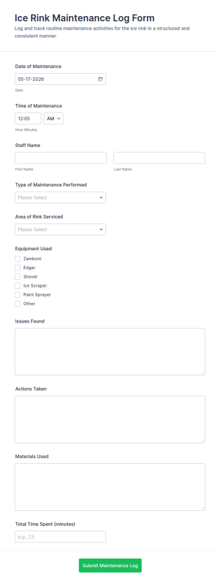 Ice Rink Maintenance Log Form Template