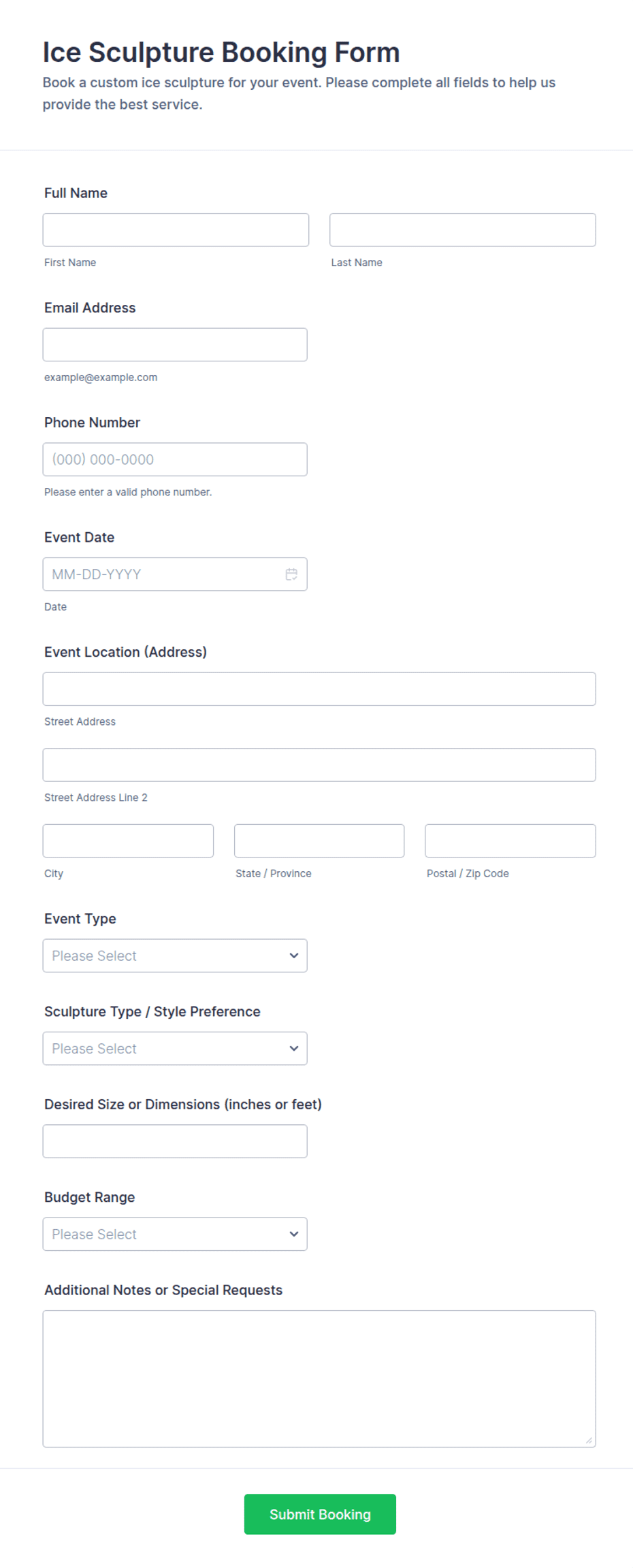 Ice Sculpture Booking Form Template | Jotform