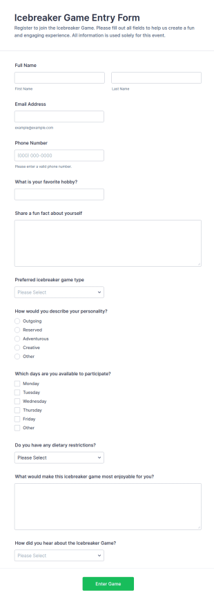 Icebreaker Game Entry Form Template