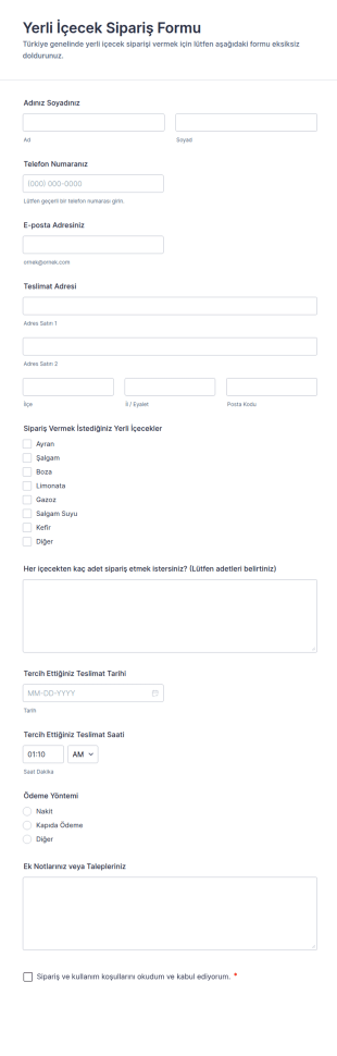 İçecek Sipariş Form Şablonu