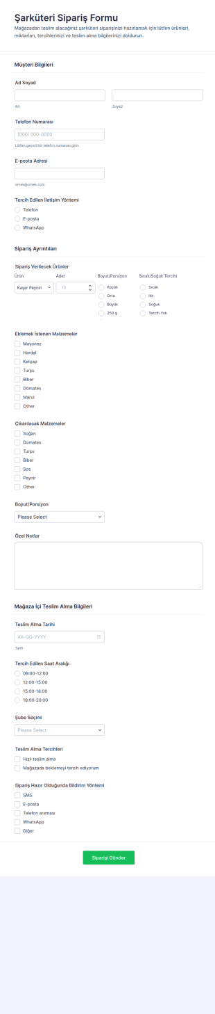 İçecek Ve Yiyecek Sipariş Form Şablonu