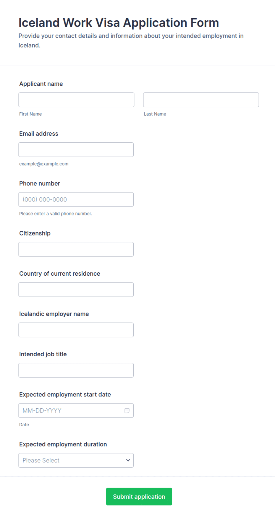 Iceland Work Visa Application Form Template | Jotform