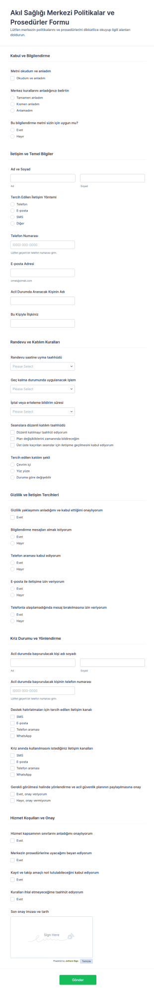İçerik Ve Prosedürler Anlaşma Form Şablonu