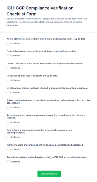 ICH GCP Compliance Verification Checklist Form Template