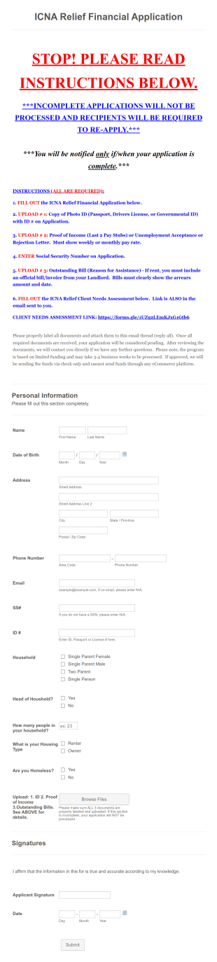 ICNA Relief Financial Assistance Application Form Template