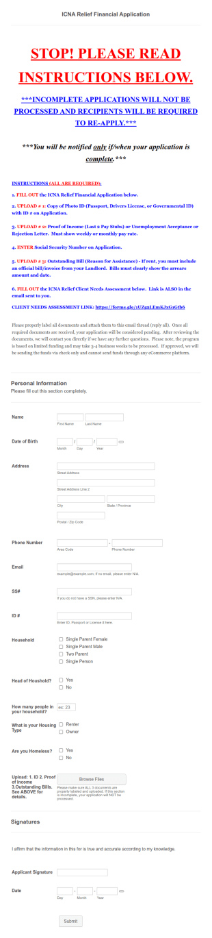 ICNA Relief Financial Assistance Application Form Template