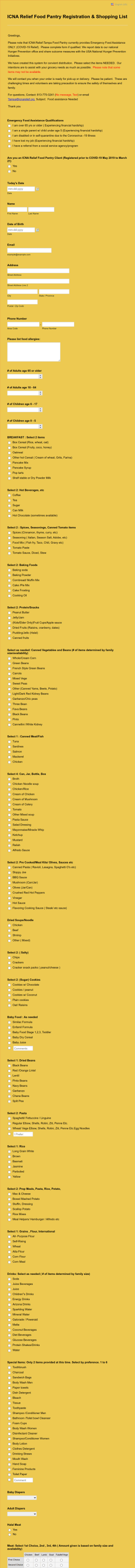 ICNA Relief Food Pantry Shopping List Form Template