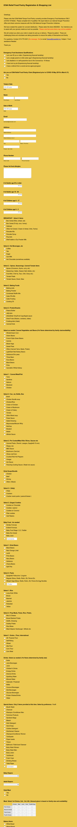 ICNA Relief Food Pantry Shopping List Form Template