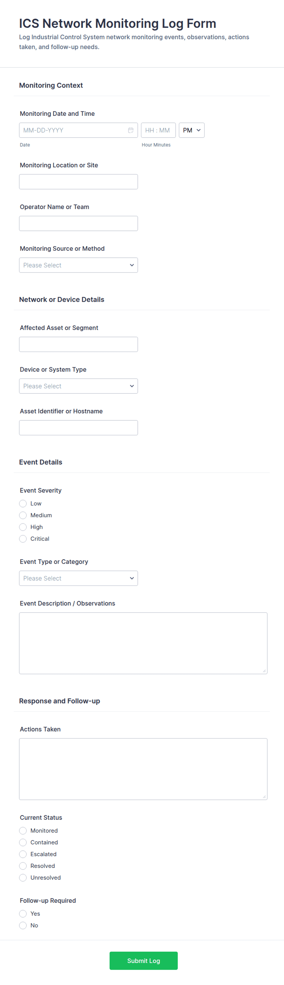 ICS Network Monitoring Log Form Template | Jotform
