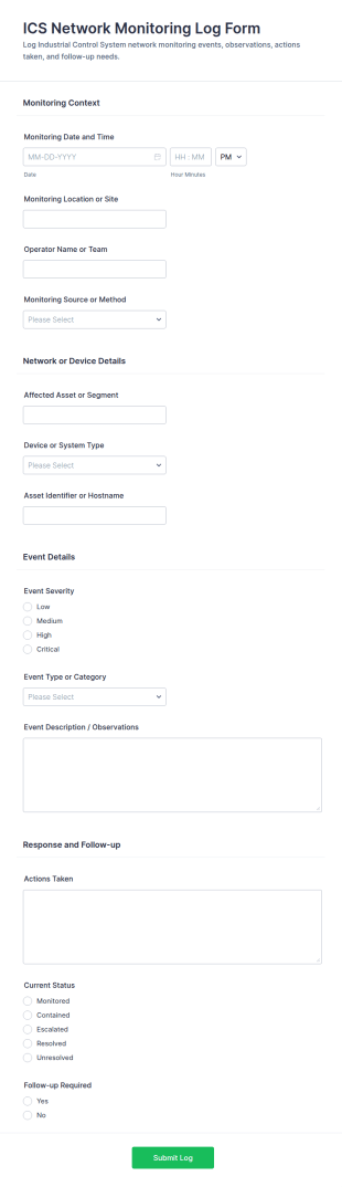 ICS Network Monitoring Log Form Template
