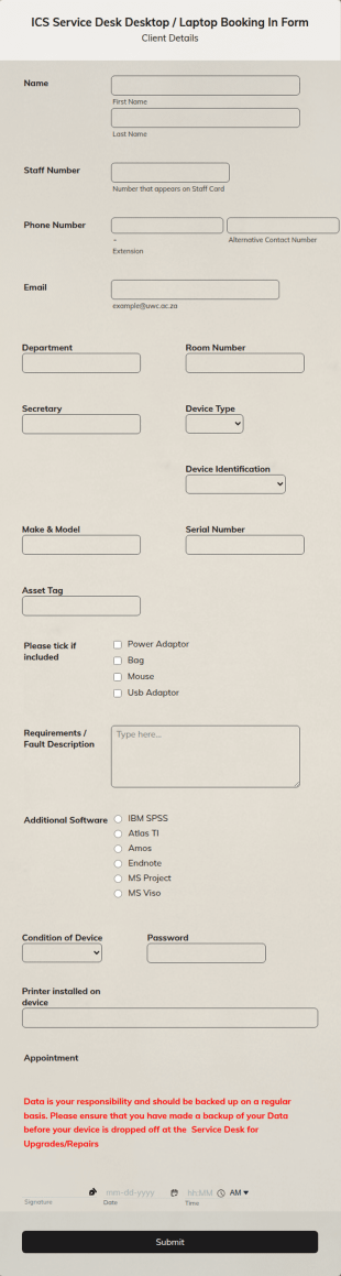 ICS Service Desk Desktop / Laptop Booking In Form Template
