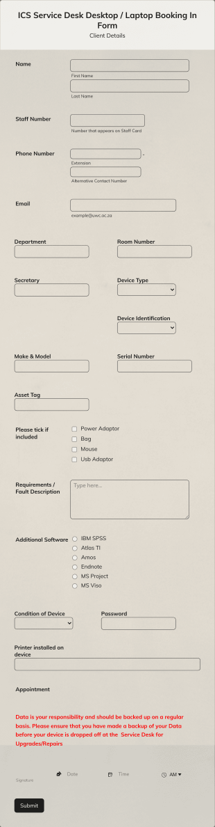 ICS Service Desk Desktop / Laptop Booking In Form Template