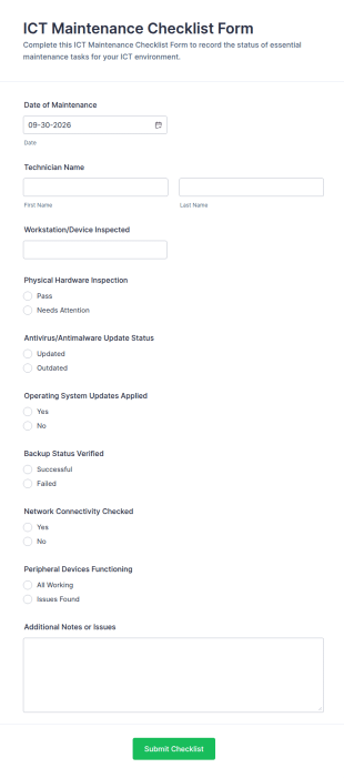 ICT Maintenance Checklist Form Template