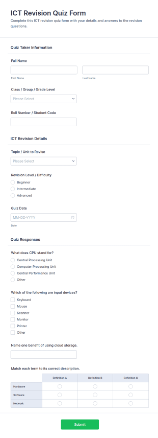 ICT Revision Quiz Form Template