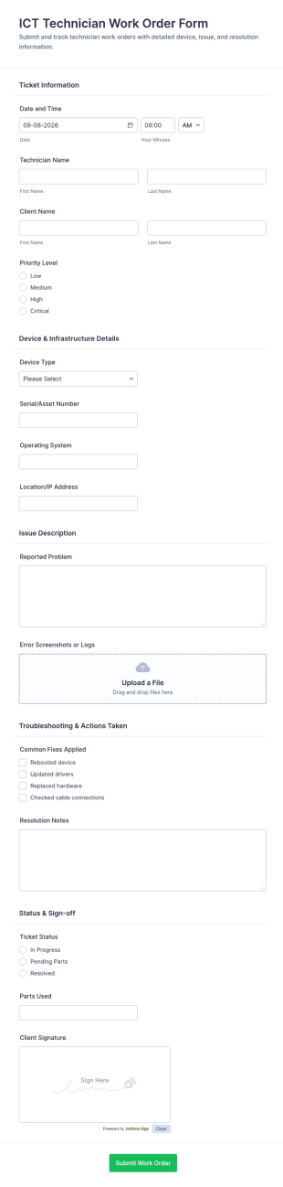ICT Technician Work Order Form Template
