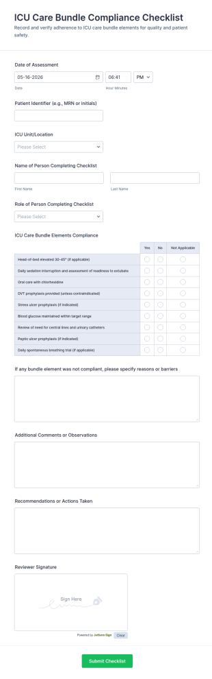 ICU Care Bundle Compliance Checklist Form Template