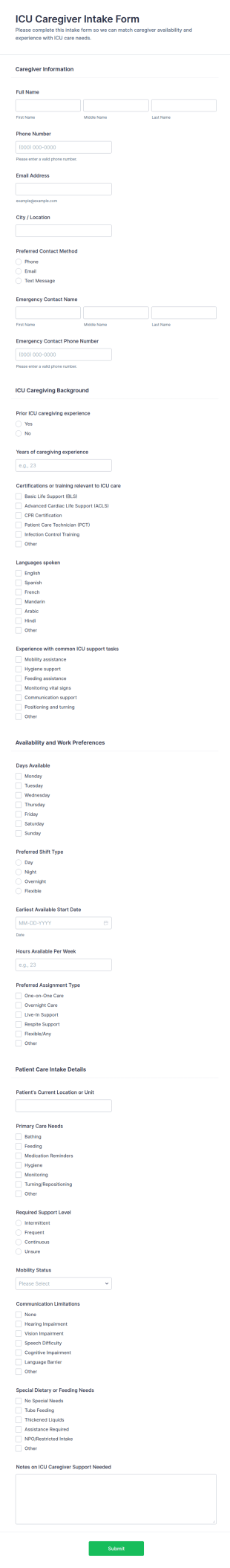 ICU Caregiver Intake Form Template