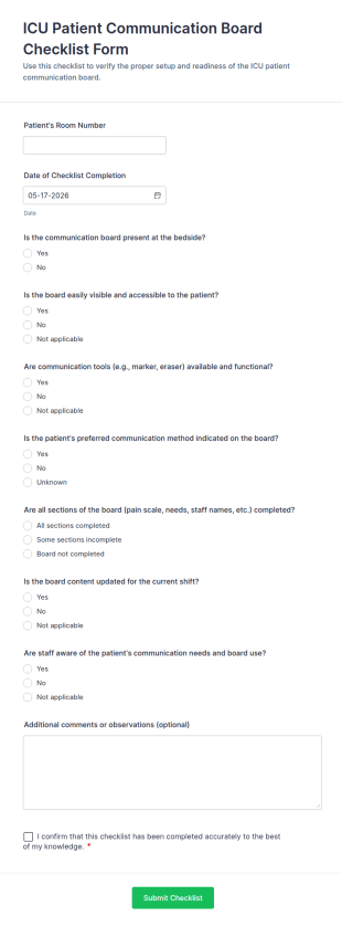 ICU Patient Communication Board Checklist Form Template