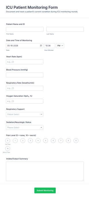 ICU Patient Monitoring Form Template