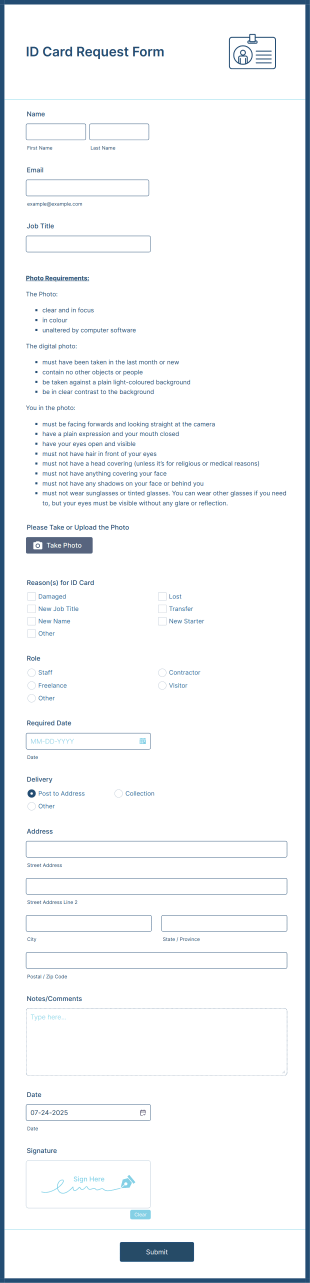 ID Card Request Form Template