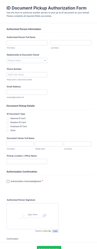 ID Document Pickup Authorization Form Template