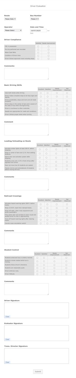 Idaho Bus Driver Evaluation Form Template