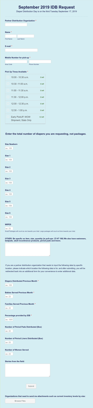 IDB Monthly Diaper Request Form Template