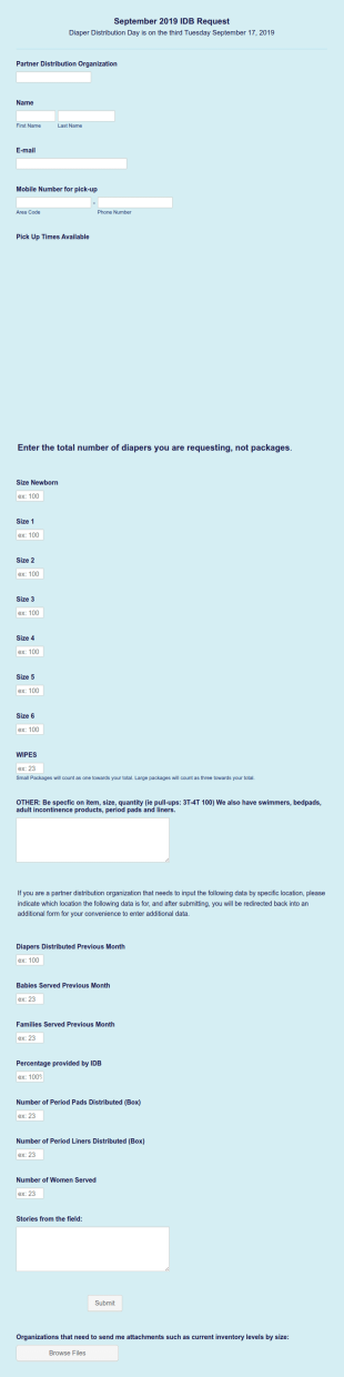 IDB Monthly Diaper Request Form Template